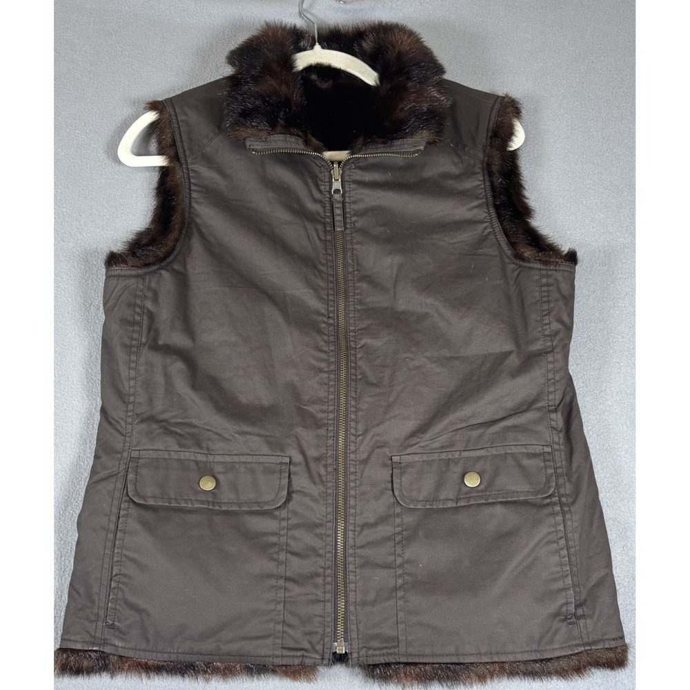 Old Navy Womens Reversible Faux Fur Utility Brown Full Zip Flap Pocket Outdoor M